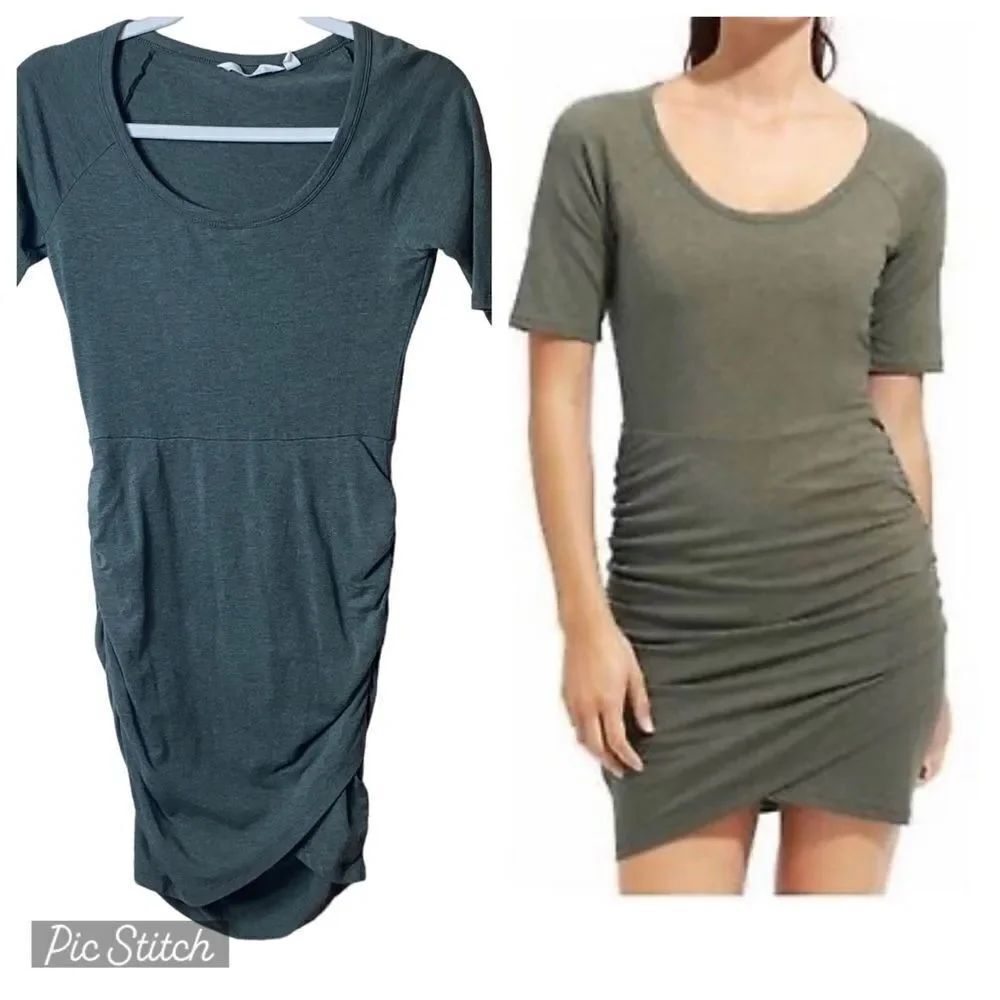 Athleta Wm’s Sz Sm Green Seeker Tee Pima Cotton Modal Ruched Tulip Hem Dress